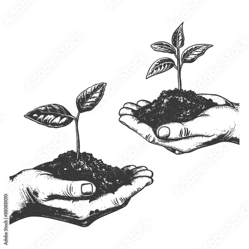 Two Hand holding soil with growing sprout with engraving style
