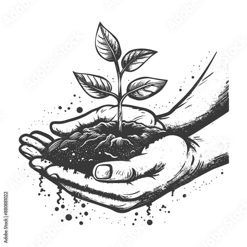 Two Hand holding soil with growing sprout with engraving style