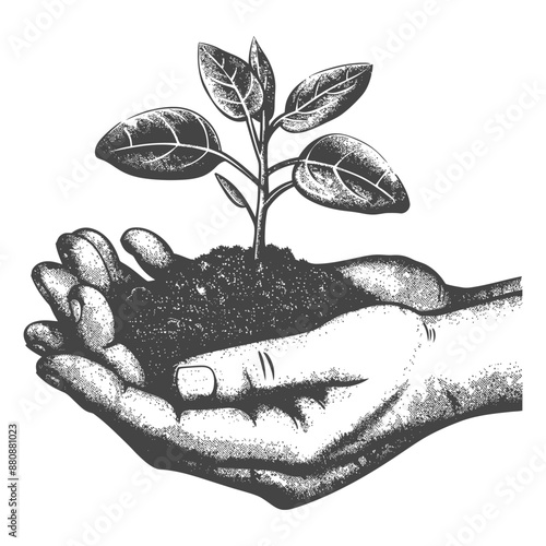 Two Hand holding soil with growing sprout with engraving style