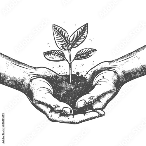 Two Hand holding soil with growing sprout with engraving style