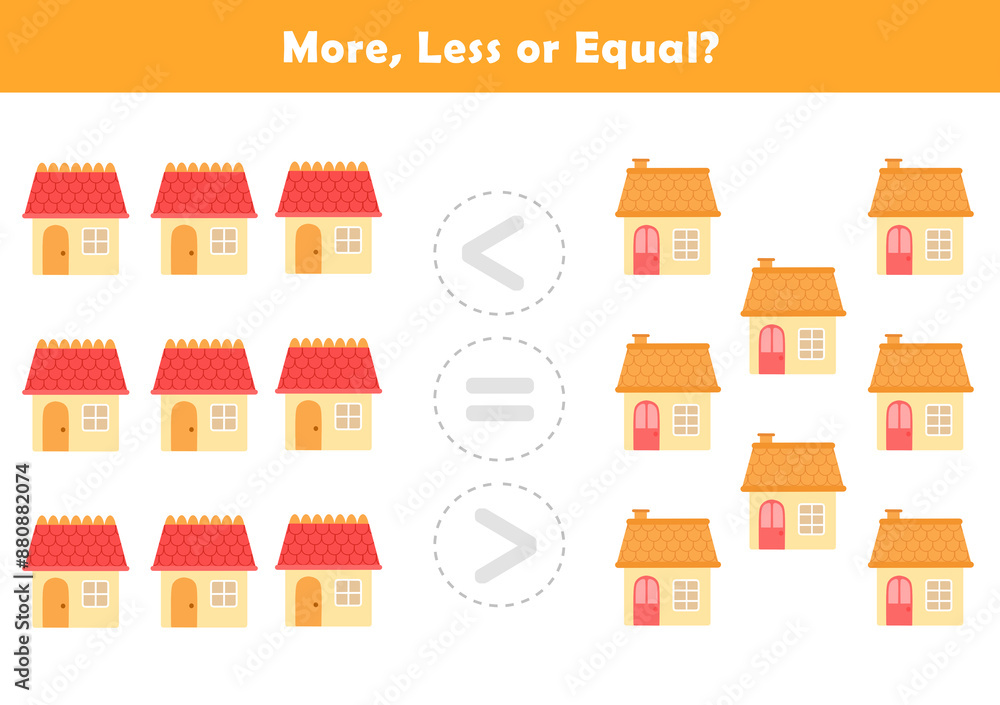 Comparison Worksheet with Cute Cartoon House for Kids. Counting Games for Preschoolers. More or Less Worksheet for Kindergarten. Comparison Worksheet with Cute Cartoon House for Kids. Counting Games for Preschoolers. More or Less Worksheet for Kindergarten.