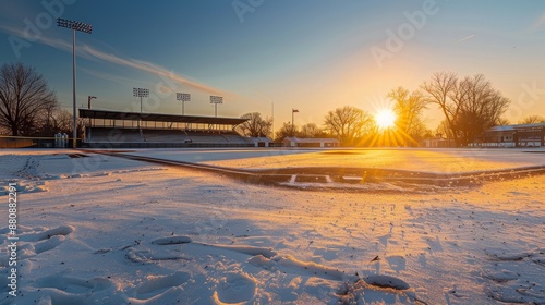 Snowy Baseball Field at Sunset - A baseball field covered in snow with a beautiful sunset in the background. - A baseball field covered in snow with a beautiful sunset in the background. photo