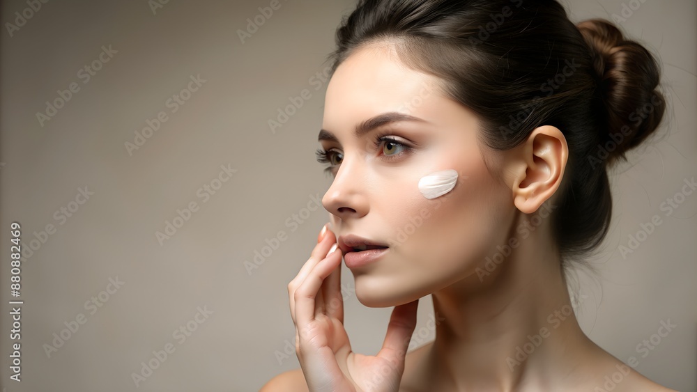 Elegant woman applying moisturizer to her face, highlighting skincare and beauty routine in a serene, minimalistic setting. Elegant woman applying moisturizer to her face, highlighting skincare and beauty routine in a serene, minimalistic setting.