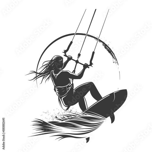 kitesurfing woman athlete minimalist logo or symbol black color only