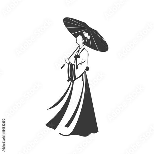 korean women wearing hanbok minimalist logo or symbol black color only
