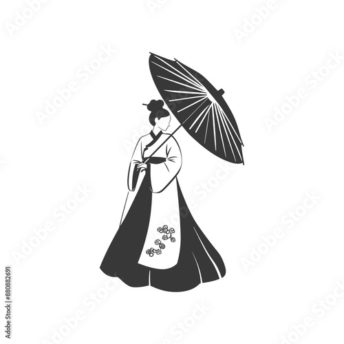 korean women wearing hanbok minimalist logo or symbol black color only