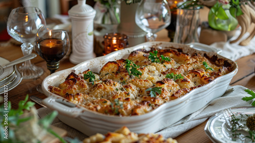 A cozy dinner table setting with a casserole dish made from canned ingredients, ready to be served