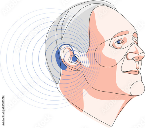 Senior man wearing hearing aid and hears well. Otolaryngology treatment concept. One line drawing of healthcare device, medicine technology. Vector illustration.