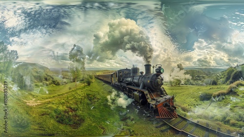 Vintage Steam Locomotive in a Picturesque Landscape - A vintage steam locomotive traverses a picturesque landscape, with rolling green hills and a vast blue sky dotted with fluffy white clouds. The tr