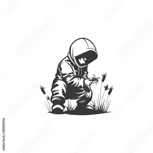 little boy beekeeper minimalist logo or symbol black color only