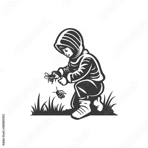 little boy beekeeper minimalist logo or symbol black color only