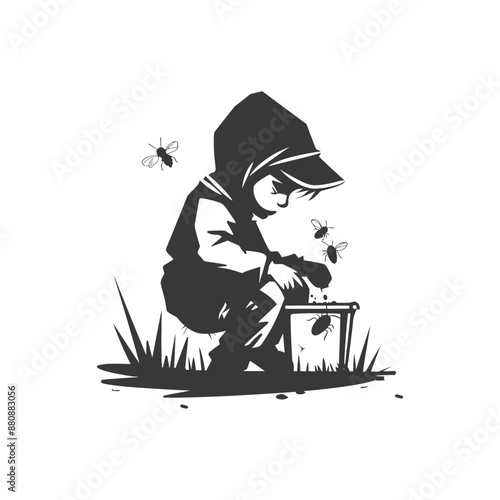 little boy beekeeper minimalist logo or symbol black color only