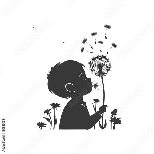 little boy blows dandalion minimalist logo or symbol black color only