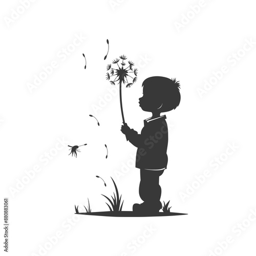 little boy blows dandalion minimalist logo or symbol black color only