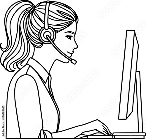 Woman wear headset working on computer