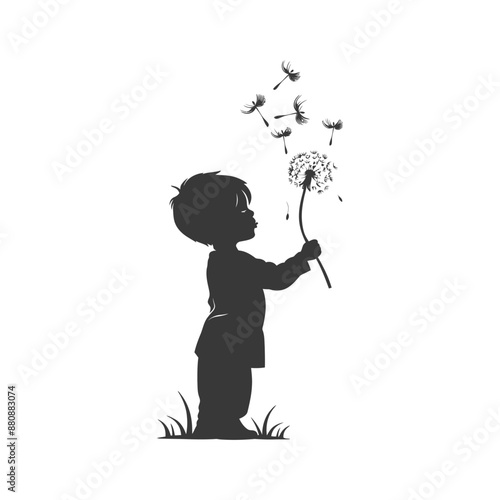 little boy blows dandalion minimalist logo or symbol black color only