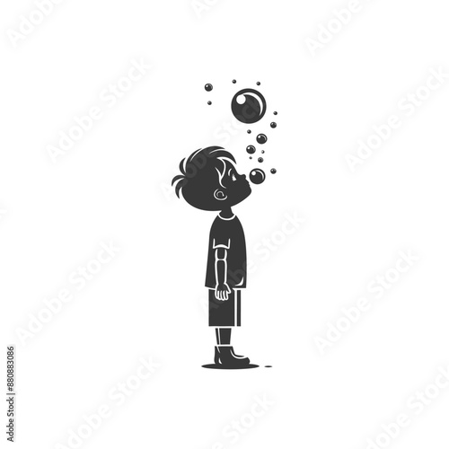 little boy blow soap bubbles minimalist logo or symbol black color only