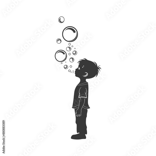 little boy blow soap bubbles minimalist logo or symbol black color only