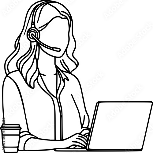 woman wear headset working on laptop illustration, customer service, support online female