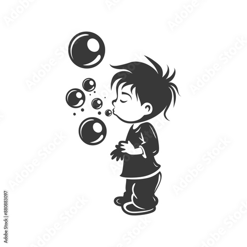 little boy blow soap bubbles minimalist logo or symbol black color only