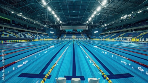 An empty pool deck of an Olympic swimming facility, with neatly arranged chairs and equipment