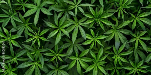 Overhead view of symmetrically arranged cannabis plants in lattice pattern. Concept Overhead, Cannabis Plants, Symmetrical Arrangement, Lattice Pattern