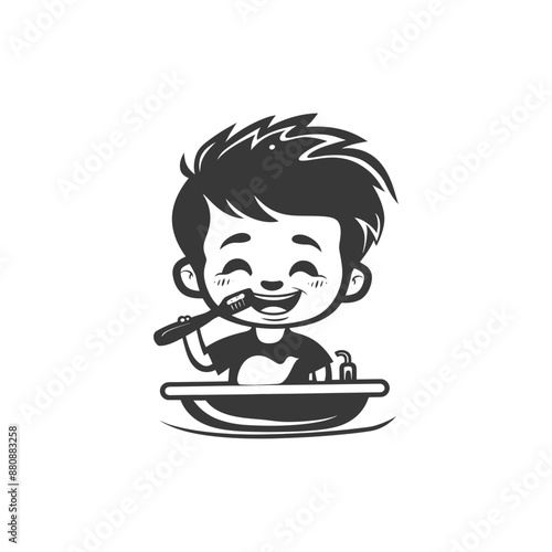 little boy brushing teeth minimalist logo or symbol black color only