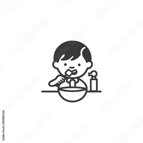 little boy brushing teeth minimalist logo or symbol black color only