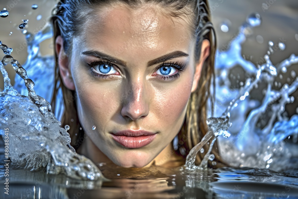 Close-up portrait of a woman with striking blue eyes emerging from water, with splashes creating a dynamic and captivating image. Close-up portrait of a woman with striking blue eyes emerging from water, with splashes creating a dynamic and captivating image.
