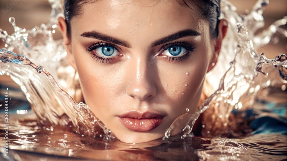 Close-up shot of a woman with striking blue eyes emerging from water, emphasizing beauty and confidence. Close-up shot of a woman with striking blue eyes emerging from water, emphasizing beauty and confidence.