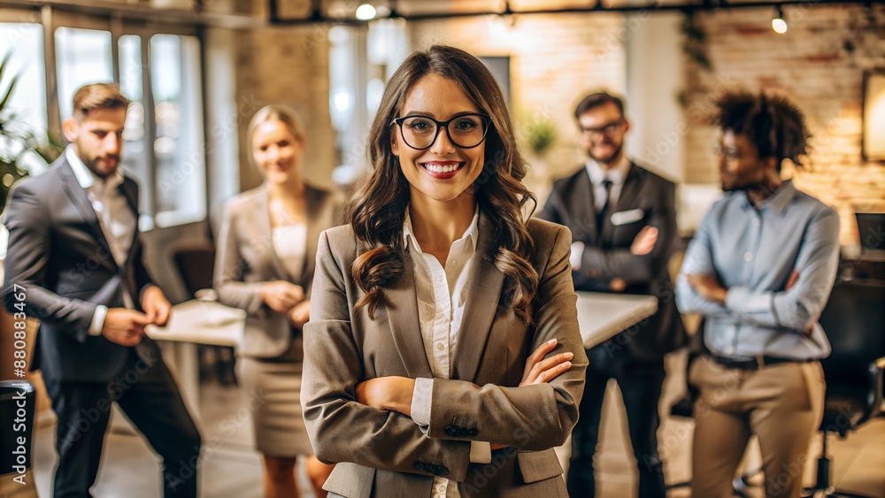 Confident business team standing together in modern office ...
