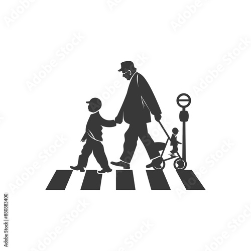 little boy helps the senior citizen minimalist logo or symbol black color only