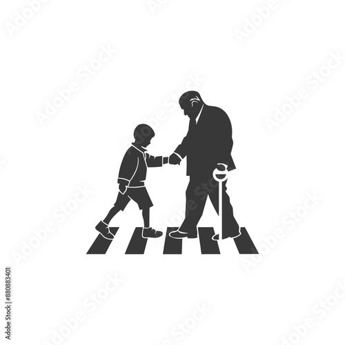 little boy helps the senior citizen minimalist logo or symbol black color only