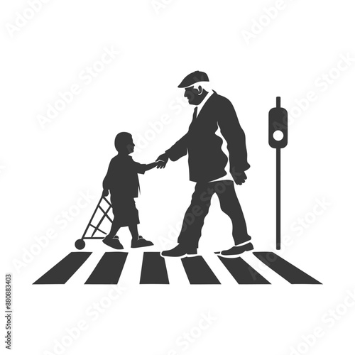 little boy helps the senior citizen minimalist logo or symbol black color only