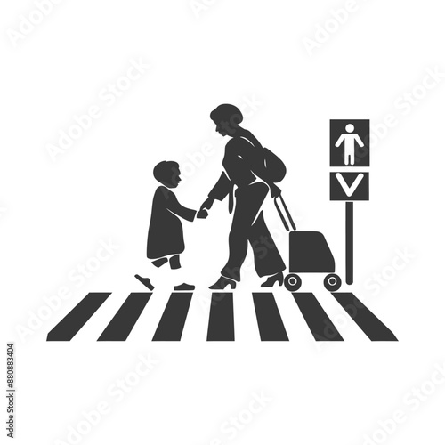 little boy helps the senior citizen minimalist logo or symbol black color only