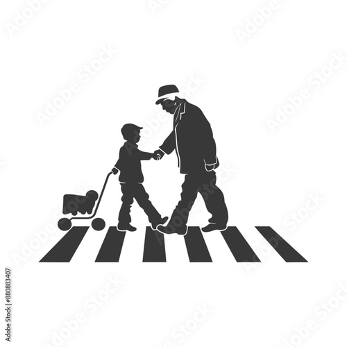 little boy helps the senior citizen minimalist logo or symbol black color only