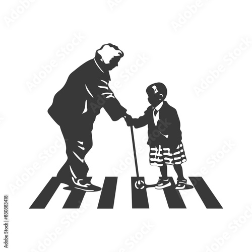 little boy helps the senior citizen minimalist logo or symbol black color only