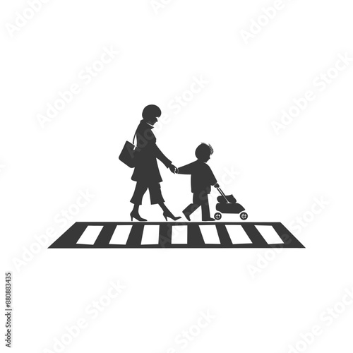 little boy helps the senior citizen minimalist logo or symbol black color only