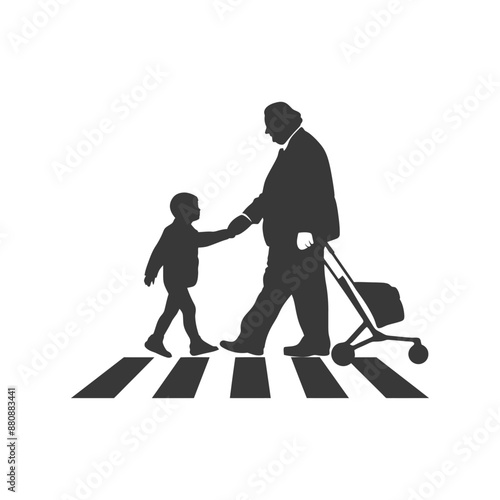 little boy helps the senior citizen minimalist logo or symbol black color only