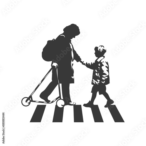 little boy helps the senior citizen minimalist logo or symbol black color only