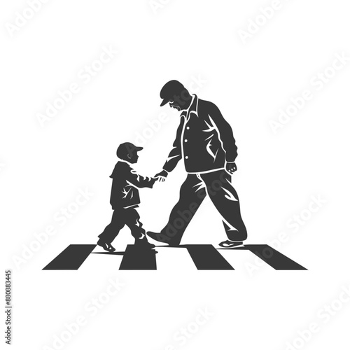 little boy helps the senior citizen minimalist logo or symbol black color only