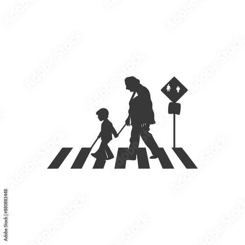 little boy helps the senior citizen minimalist logo or symbol black color only