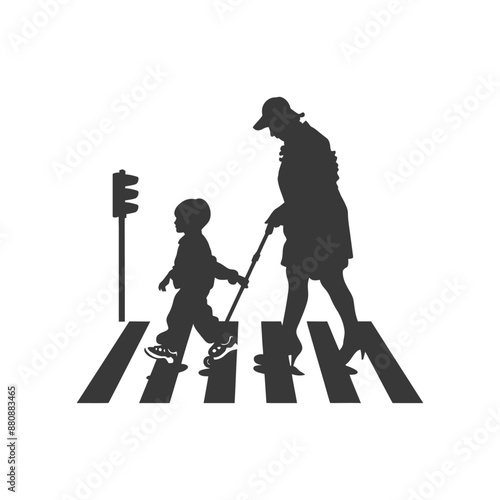 little boy helps the senior citizen minimalist logo or symbol black color only
