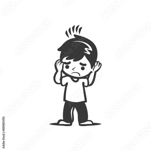 little boy in pain minimalist logo or symbol black color only