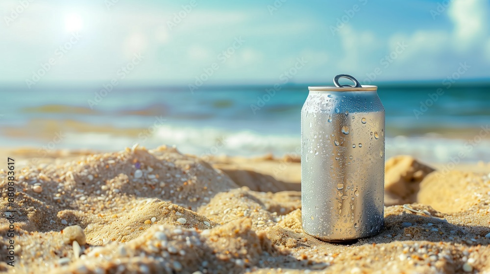 Aluminum can of beer or soda standing on a sandy beach. The jar is covered with drops of water, which creates a cool and fresh effect. Copy space Aluminum can of beer or soda standing on a sandy beach. The jar is covered with drops of water, which creates a cool and fresh effect. Copy space