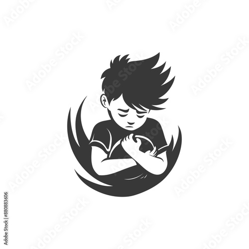 little boy in pain minimalist logo or symbol black color only