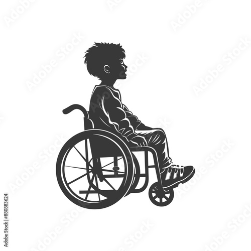 little boy in a wheelchair minimalist logo or symbol black color only