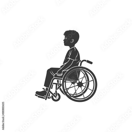 little boy in a wheelchair minimalist logo or symbol black color only