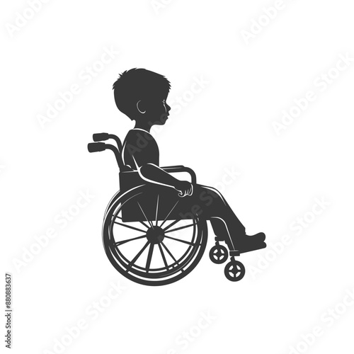 little boy in a wheelchair minimalist logo or symbol black color only