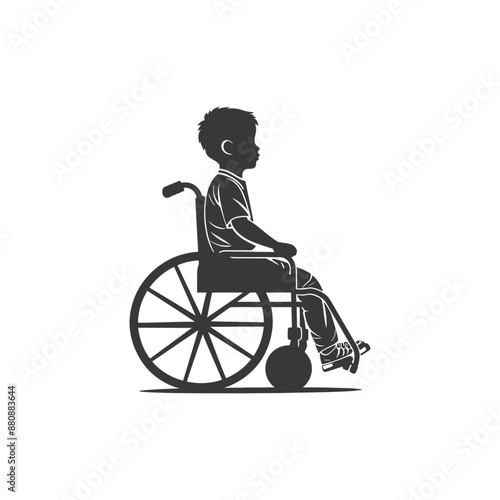 little boy in a wheelchair minimalist logo or symbol black color only